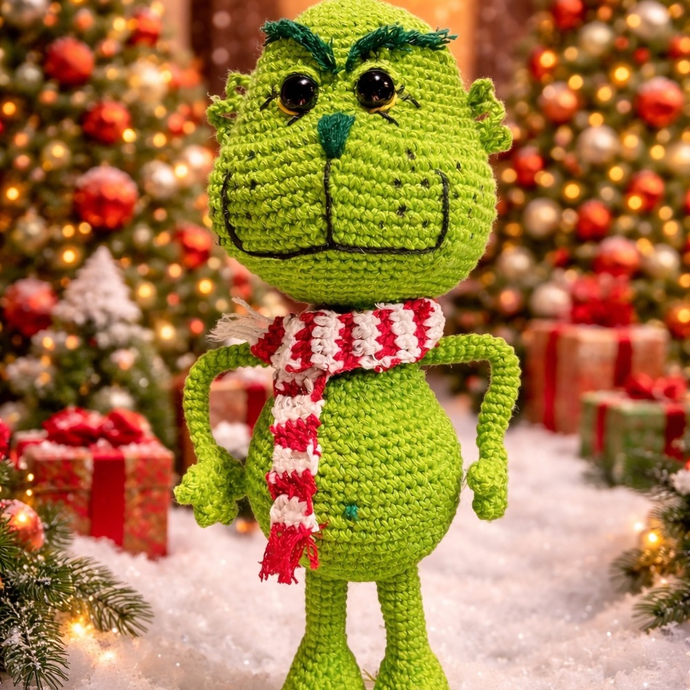 Green Crocheted Character with Scarf